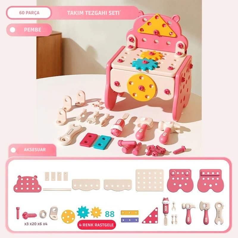 Minikko Eğitici Oyuncak Tamir Masası Çocuklar İçin Marangoz Alet Seti, Vidalı ve Dişli Parçalarla Zeka Geliştirici Oyuncak