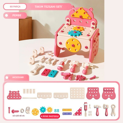 Minikko Eğitici Oyuncak Tamir Masası Çocuklar İçin Marangoz Alet Seti, Vidalı ve Dişli Parçalarla Zeka Geliştirici Oyuncak