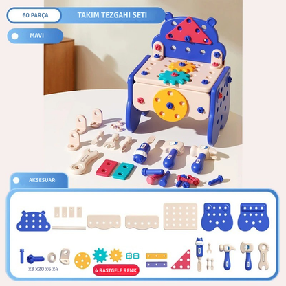 Minikko Eğitici Oyuncak Tamir Masası Çocuklar İçin Marangoz Alet Seti, Vidalı ve Dişli Parçalarla Zeka Geliştirici Oyuncak