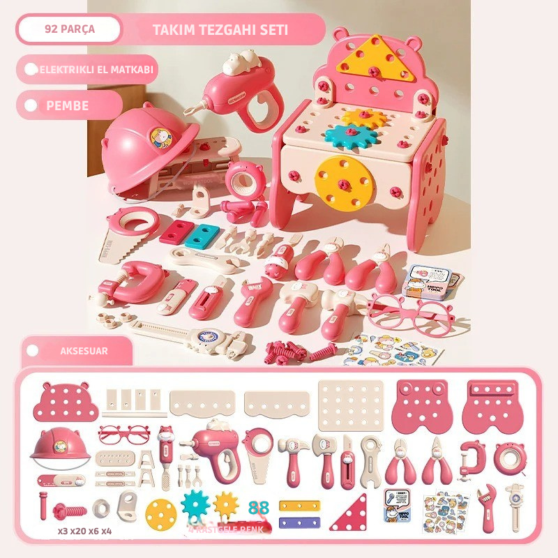 Minikko Eğitici Oyuncak Tamir Masası Çocuklar İçin Marangoz Alet Seti, Vidalı ve Dişli Parçalarla Zeka Geliştirici Oyuncak