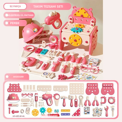 Minikko Eğitici Oyuncak Tamir Masası Çocuklar İçin Marangoz Alet Seti, Vidalı ve Dişli Parçalarla Zeka Geliştirici Oyuncak