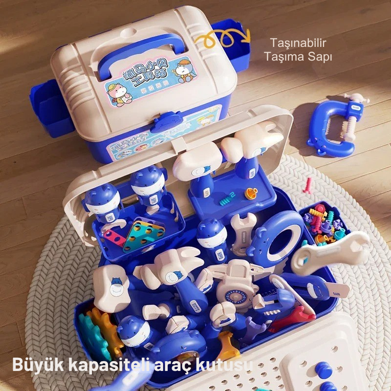 Minikko Eğitici Oyuncak Tamir Masası Çocuklar İçin Marangoz Alet Seti, Vidalı ve Dişli Parçalarla Zeka Geliştirici Oyuncak