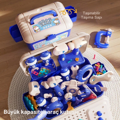 Minikko Eğitici Oyuncak Tamir Masası Çocuklar İçin Marangoz Alet Seti, Vidalı ve Dişli Parçalarla Zeka Geliştirici Oyuncak